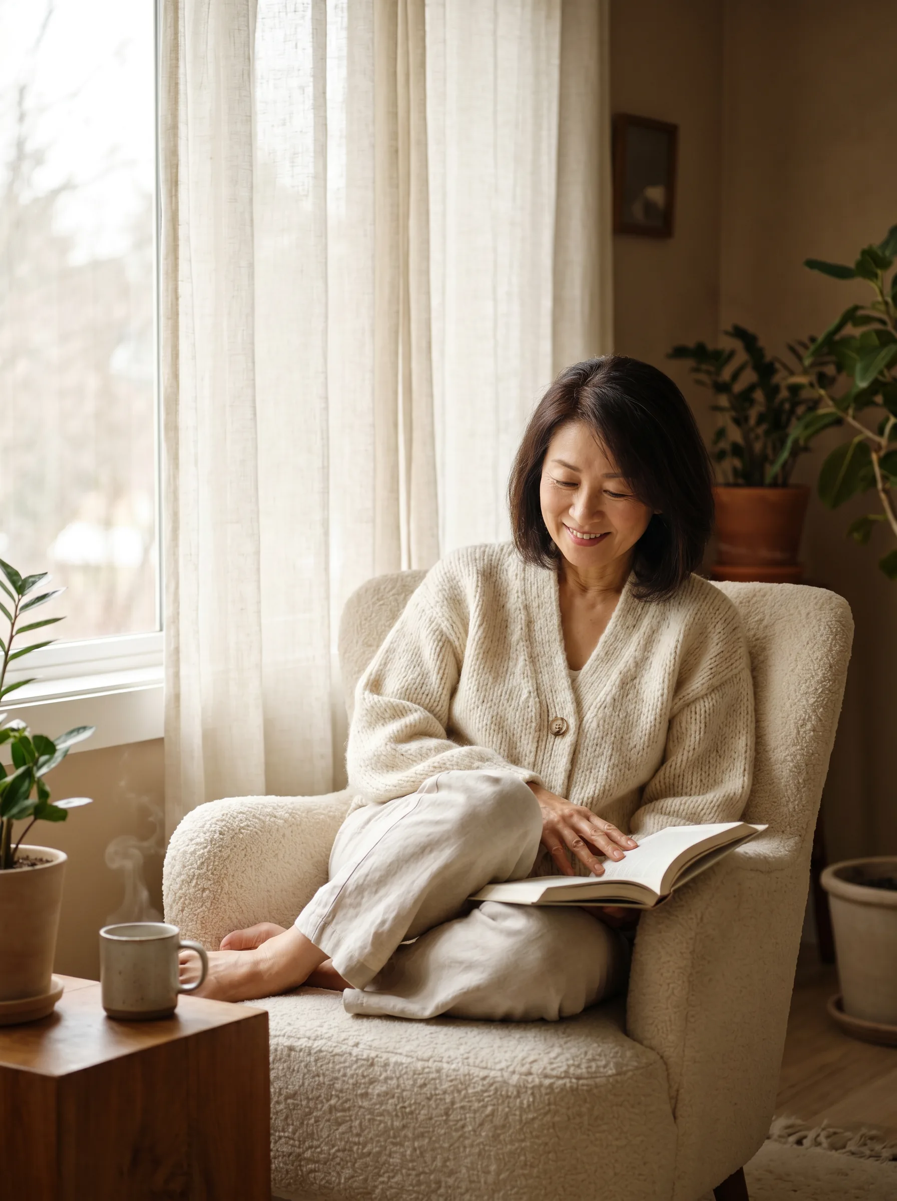 陽の差し込む部屋でくつろぐ女性
